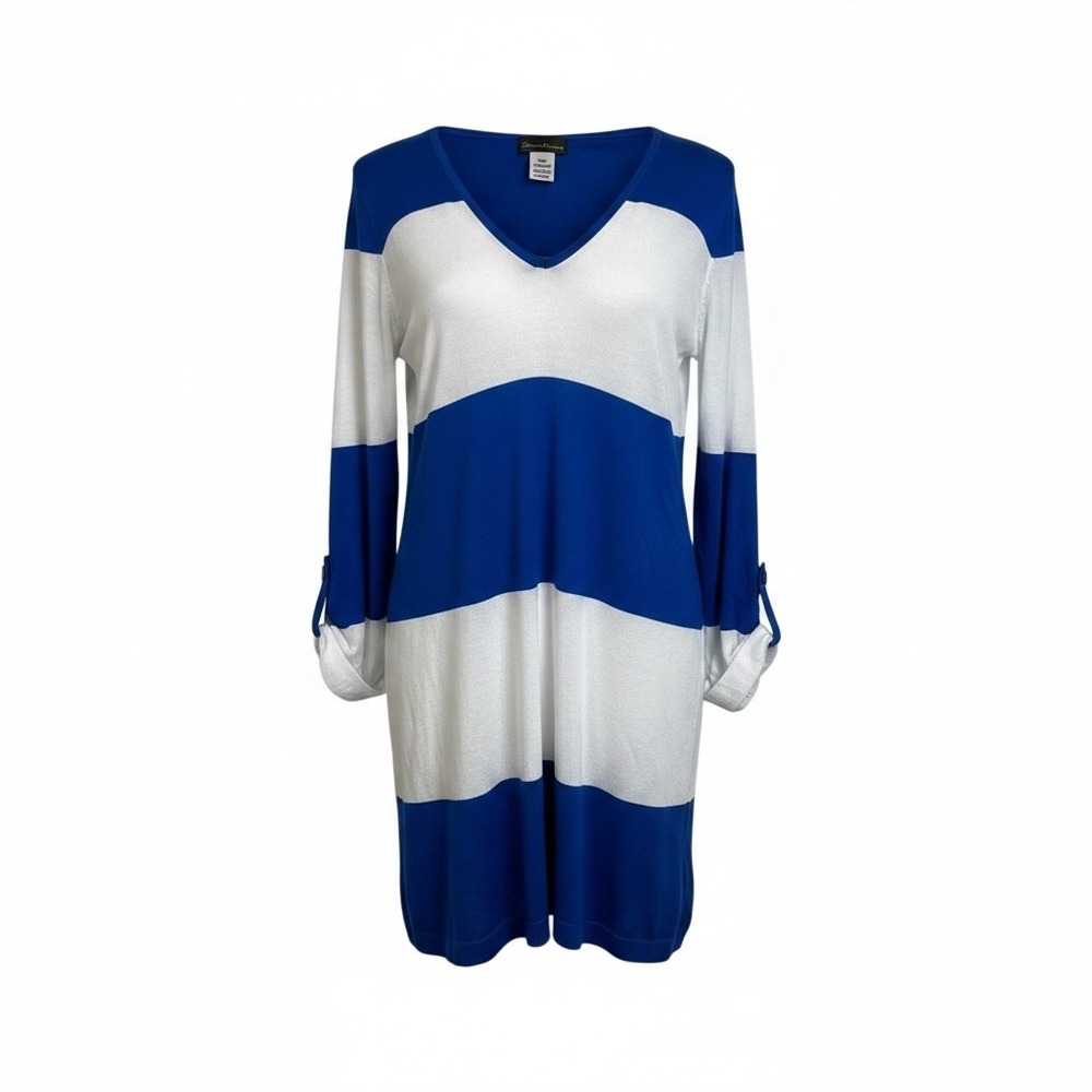 Tommy Bahama Blue White Striped Hooded Tunic Sweater Swim Cover Beach Nautical M